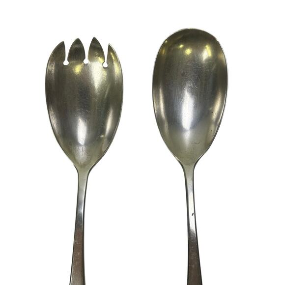 Antique Silver-Plated 11" Salad Serving Set Decorative Floral Porcelain Handles - Picture 4 of 8